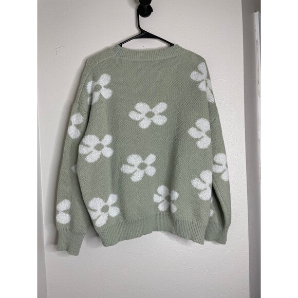Shein Curve 1XL Sage Green Daisy Flower Sweater Cottage core Cozy Floral Knit - Picture 2 of 4